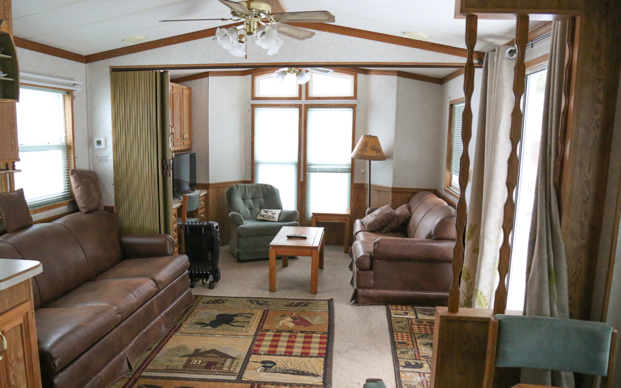 Interior view of cabin living room.