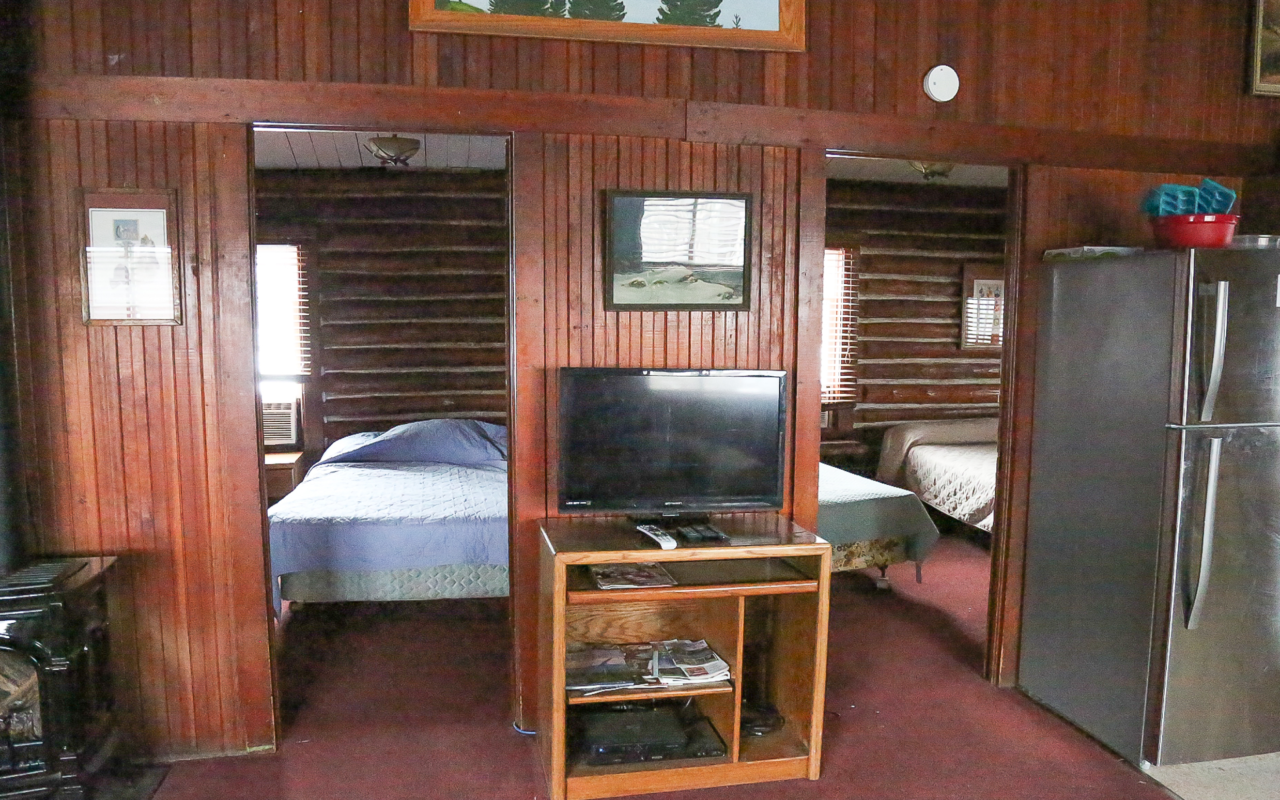 Interior cabin view looking towards bedrooms.
