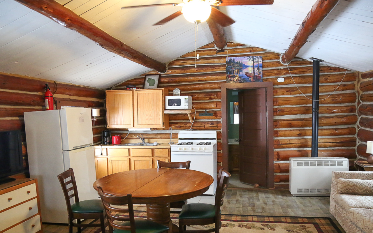 Long view of the cabin looking towards the kitchen.