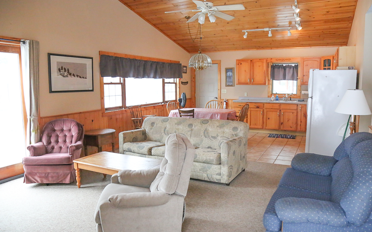 Interior cabin view of kitchen, eating area, and living room.