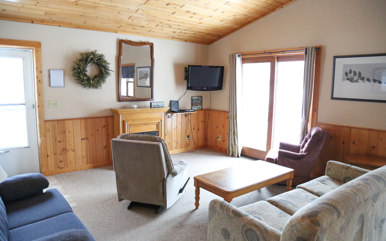 Interior cabin view of living room area.