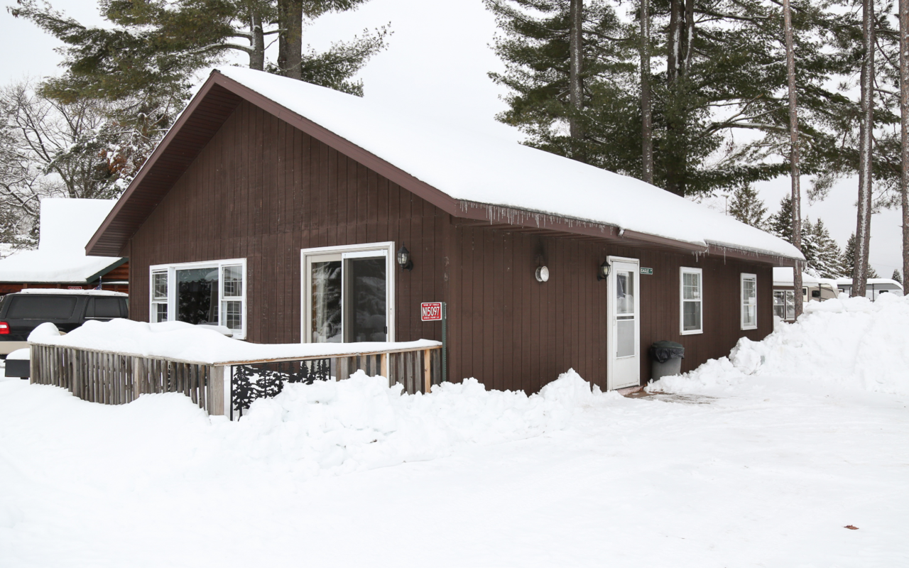 Exterior cabin view in winter.