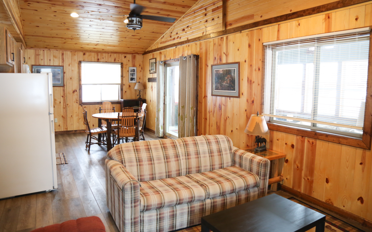 Interior cabin view of sit in kitchen and sofa.