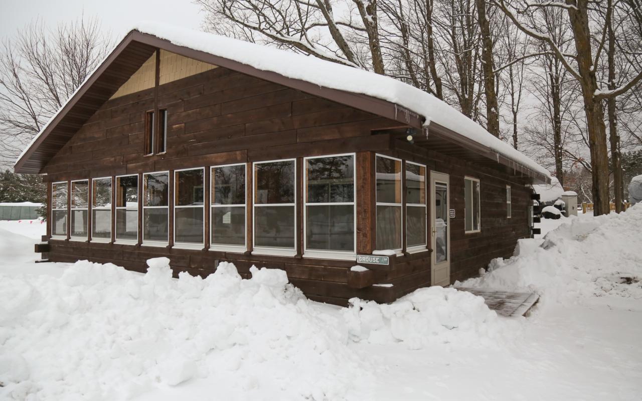 Exterior cabin view in winter.