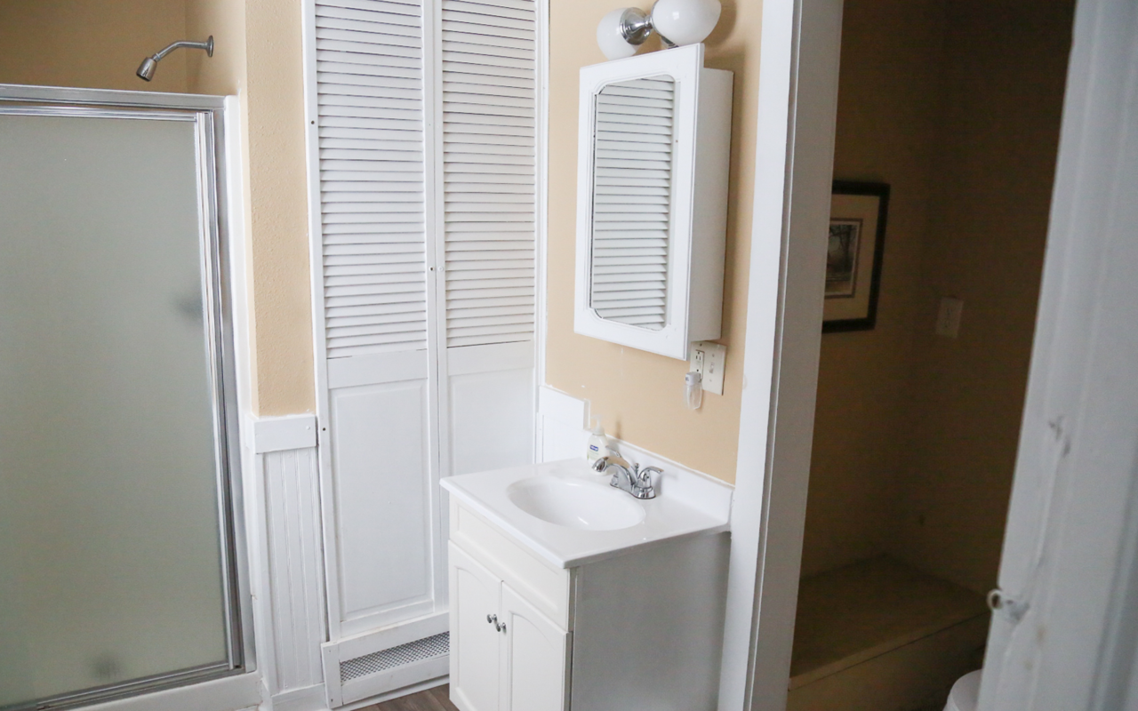 Interior cabin view of bathroom.