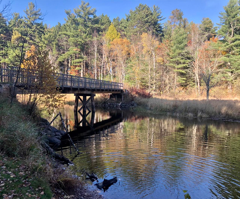 Footbridge over a small river in autumn.