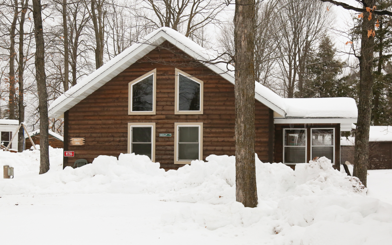 Exterior view of three-bedroom cabin.